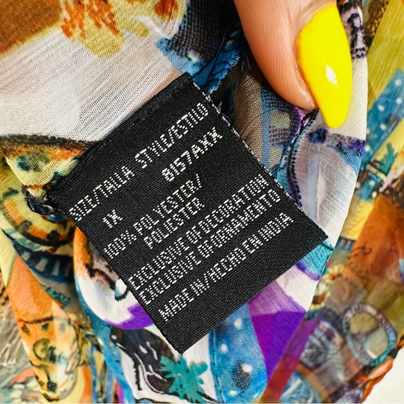 Multicolor Sheer Deep V Paris Print Cover-up Tunic Dress Size 1X - Picture 6 of 6